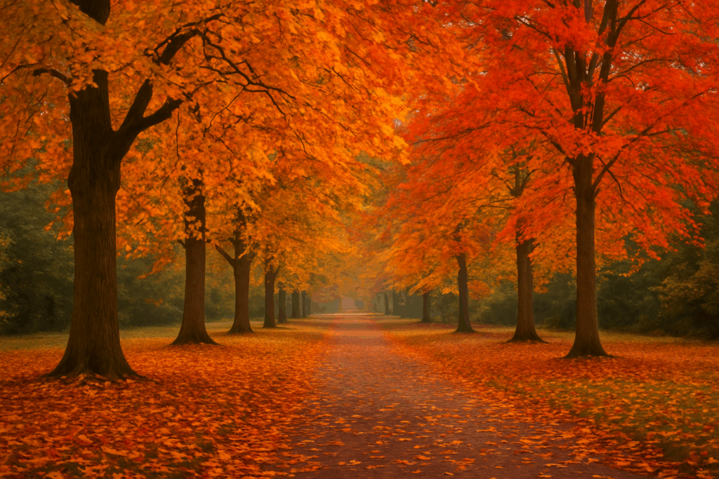A typical British Autumnal scene, featuring trees with orange-red leaves