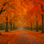 A typical British Autumnal scene, featuring trees with orange-red leaves