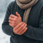 A person wearing a gray jumper and beige scarf holds their wrist, surrounded by falling snow in a winter landscape.
