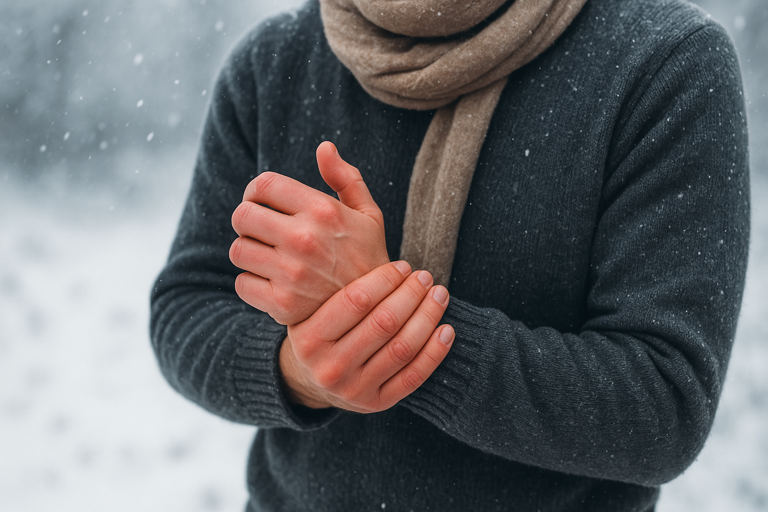 A person wearing a gray jumper and beige scarf holds their wrist, surrounded by falling snow in a winter landscape.