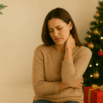 A person in a cosy beige sweater sits with one hand on their neck, in front of a decorated Christmas tree and a gift.