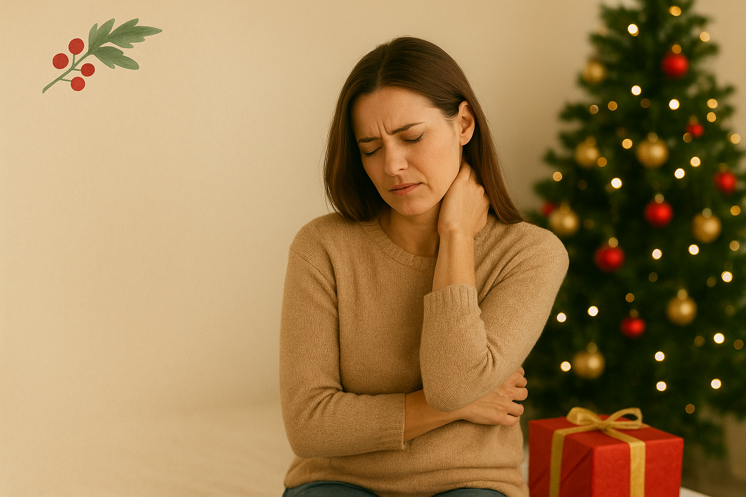 A person in a cosy beige sweater sits with one hand on their neck, in front of a decorated Christmas tree and a gift.