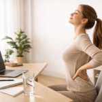 A person seated at a desk stretches while holding their lower back, with a glass of water for hydration.