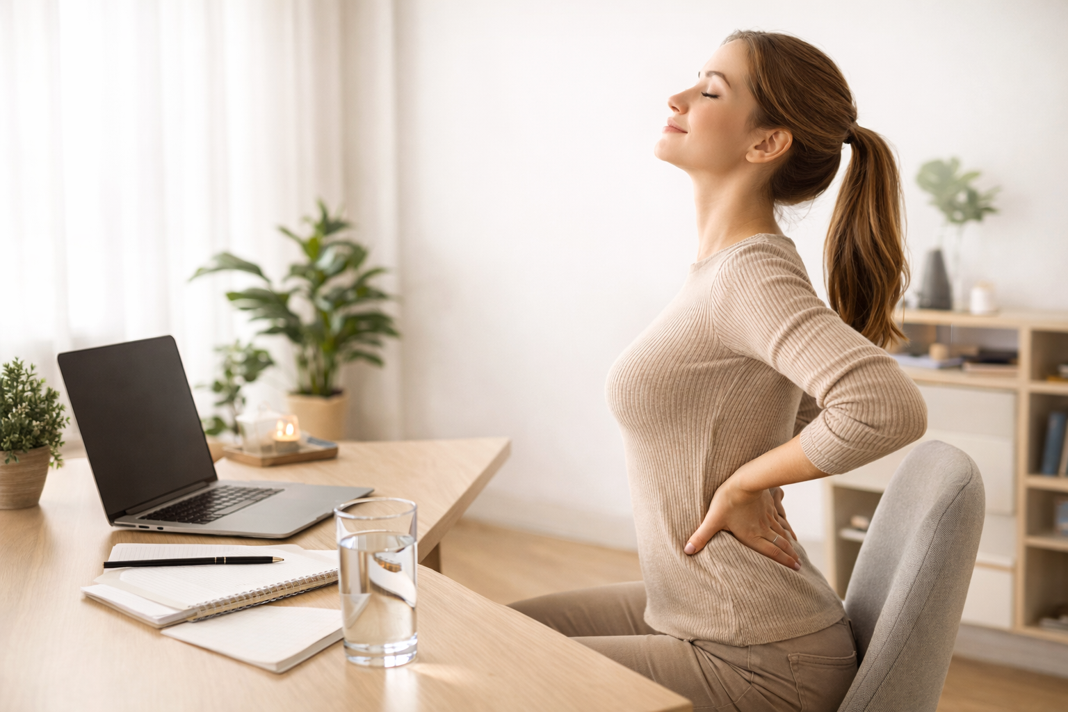 A person seated at a desk stretches while holding their lower back, with a glass of water for hydration.