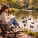 Start with Self-Love This February. A woman reads a book on a park bench by a tranquil pond, surrounded by flowers and ducks. Warm sunlight filters through the trees.