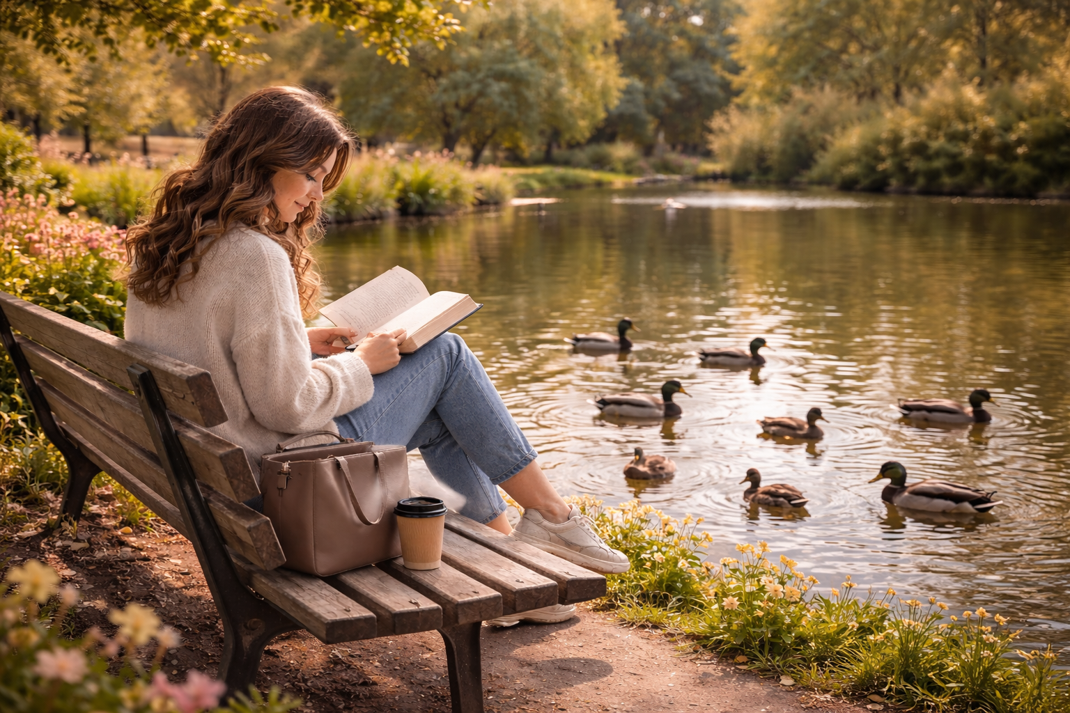 Start with Self-Love This February. A woman reads a book on a park bench by a tranquil pond, surrounded by flowers and ducks. Warm sunlight filters through the trees.