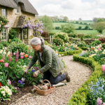 Person kneeling and planting flowers in a vibrant garden beside a stone cottage with climbing roses and rolling countryside in the background.