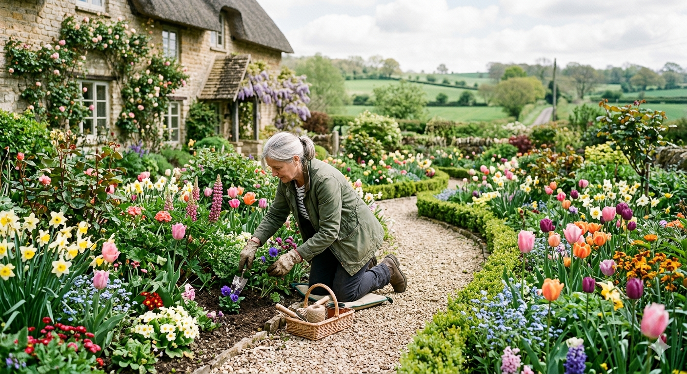 Person kneeling and planting flowers in a vibrant garden beside a stone cottage with climbing roses and rolling countryside in the background.