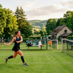 Woman warming-up to play tennis on an outdoor grass court surrounded by lush trees and a rustic stone house in the background.