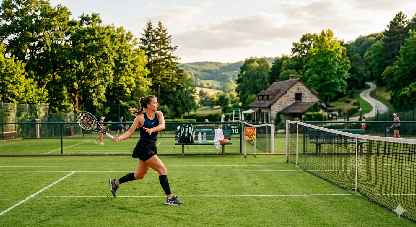 Woman warming-up to play tennis on an outdoor grass court surrounded by lush trees and a rustic stone house in the background.