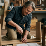 Man assembling wooden furniture with a screwdriver in a workshop, with a steaming cup and keys on a nearby table.