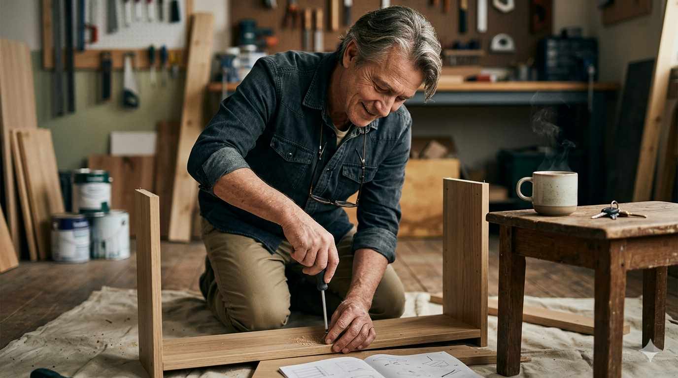 Man assembling wooden furniture with a screwdriver in a workshop, with a steaming cup and keys on a nearby table.